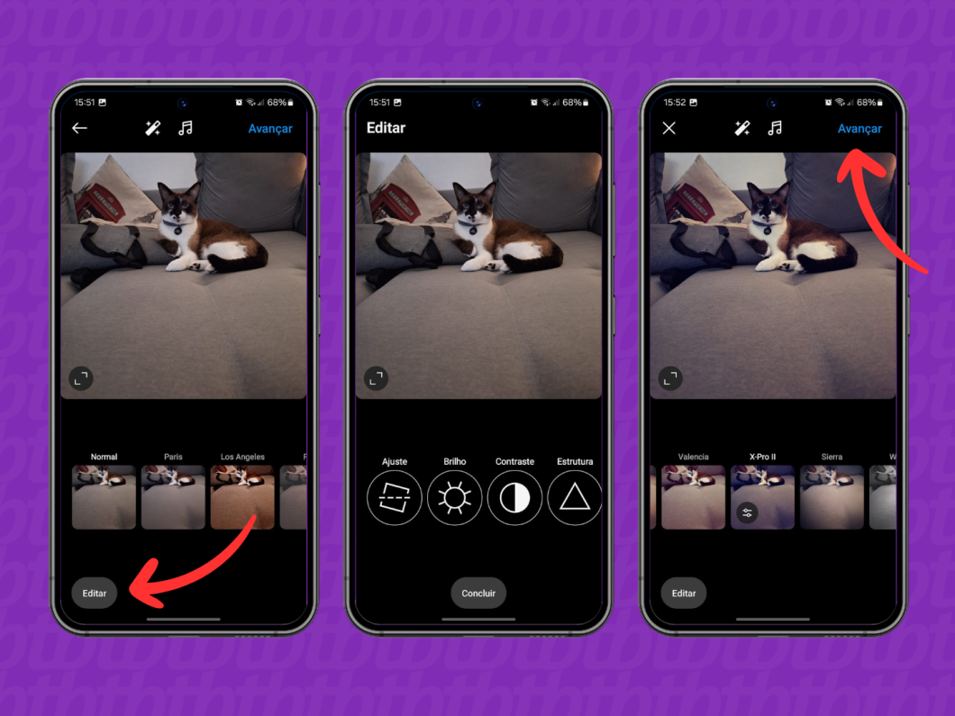 Capturas de tela do aplicativo Instagram mostram como editar uma foto para publicar no Feed