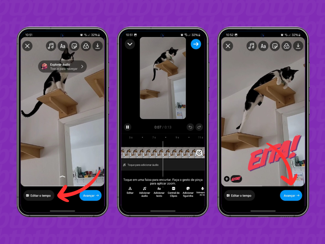 Capturas de tela do aplicativo Instagram mostram como editar um vídeo para publicar no Feed