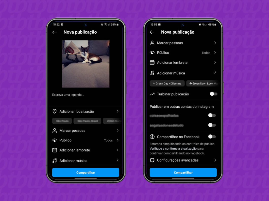 Capturas de tela do aplicativo Instagram mostram as opções disponíveis na área "Nova Publicação"