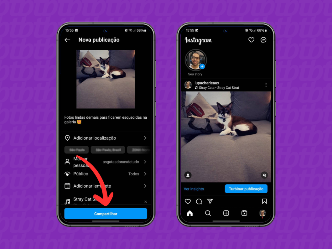 Capturas de tela do aplicativo Instagram mostram como compartilhar um post no Feed