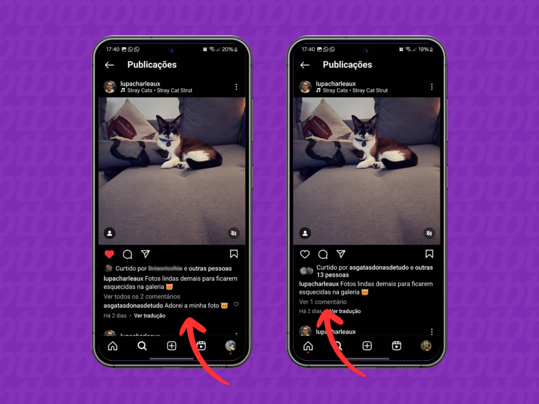Capturas de tela do aplicativo Instagram mostram como identificar se o comentário foi ocultado quando o perfil é restringido
