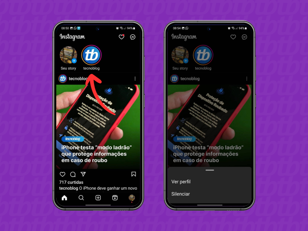 Print do aplicativo Instagram apresenta como acessar e silenciar um perfil pela barra de Stories