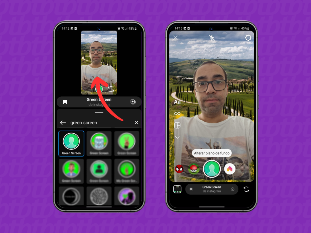 Print do aplicativo Instagram ensina como selecionar o efeito Green Screen para Stories