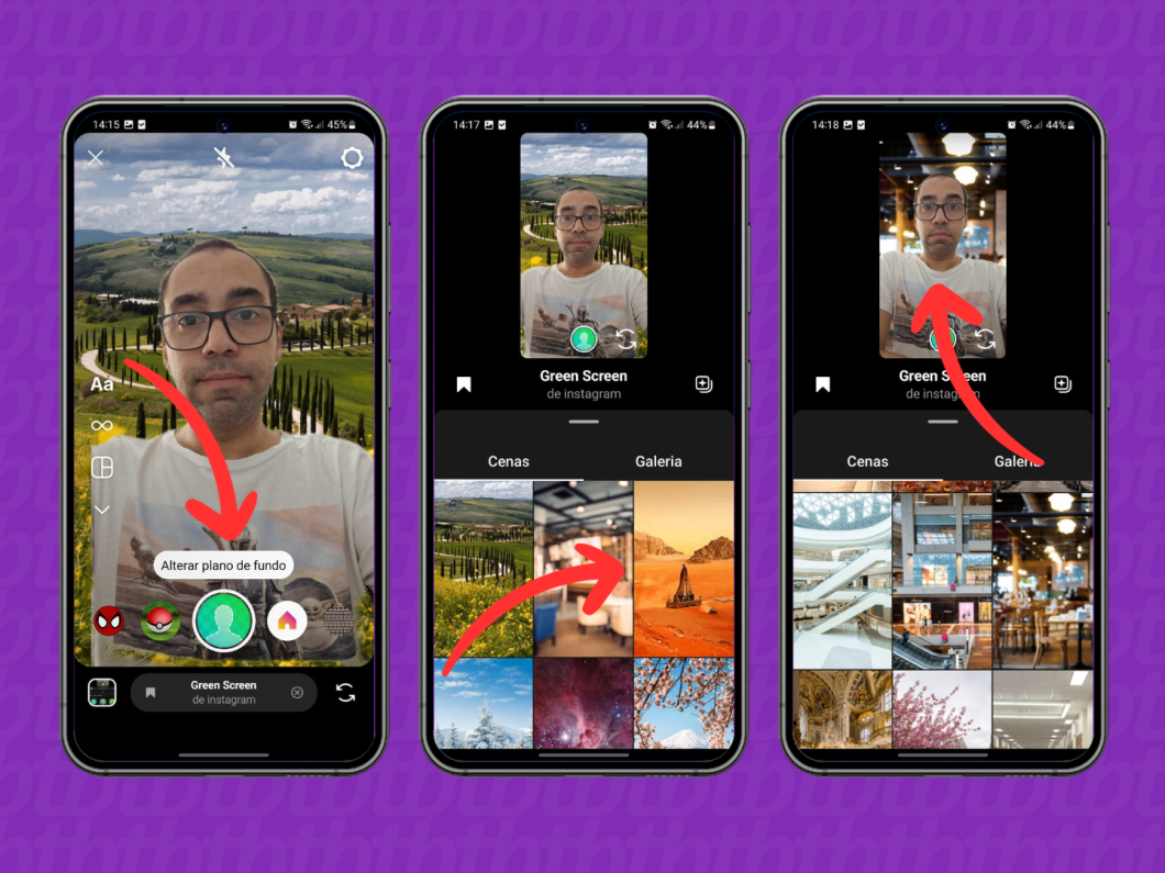 Print do aplicativo Instagram ensina como trocar o fundo de imagem usando o filtro Green Screen nos stories