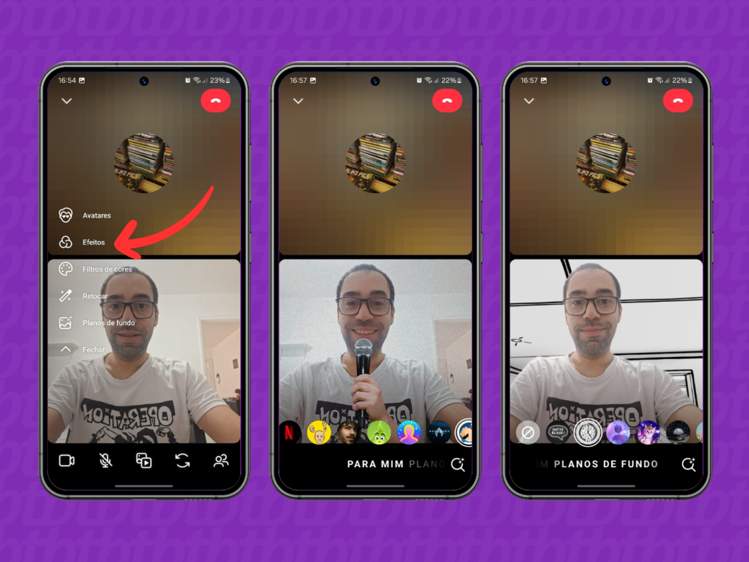 Capturas de tela do aplicativo Instagram mostram como usar filtros em uma chamada de vídeo em grupo