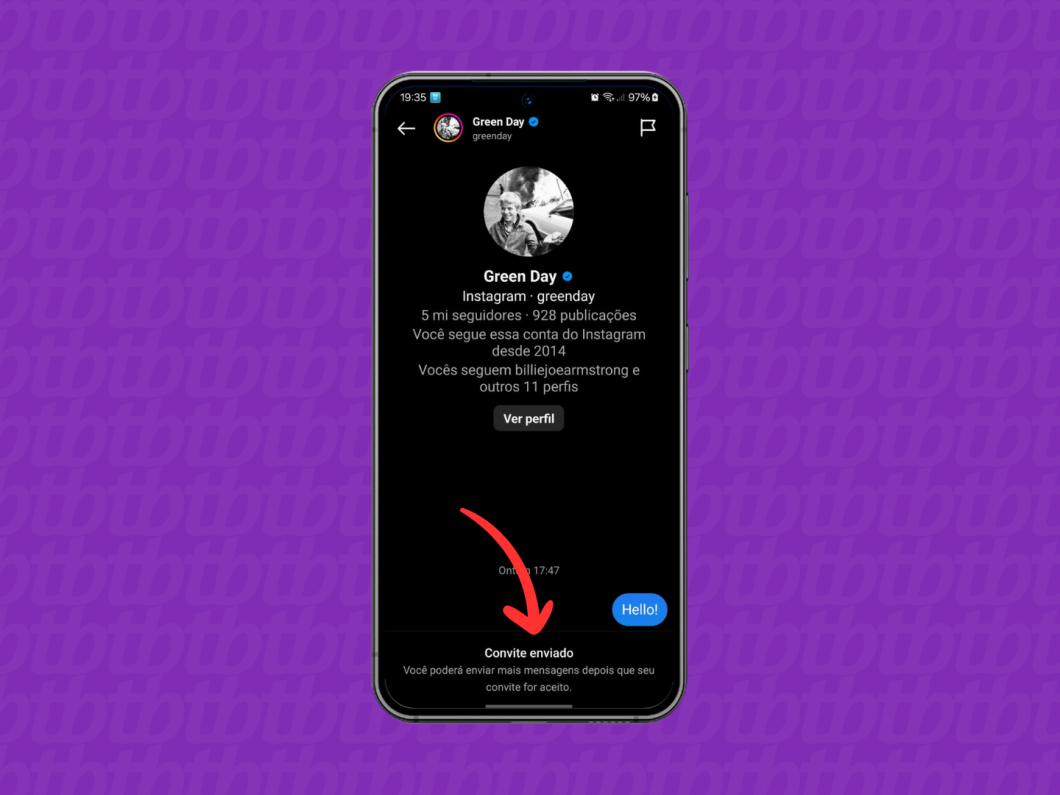 Captura de tela do aplicativo Instagram mostra como ver um convite de solicitação de mensagem