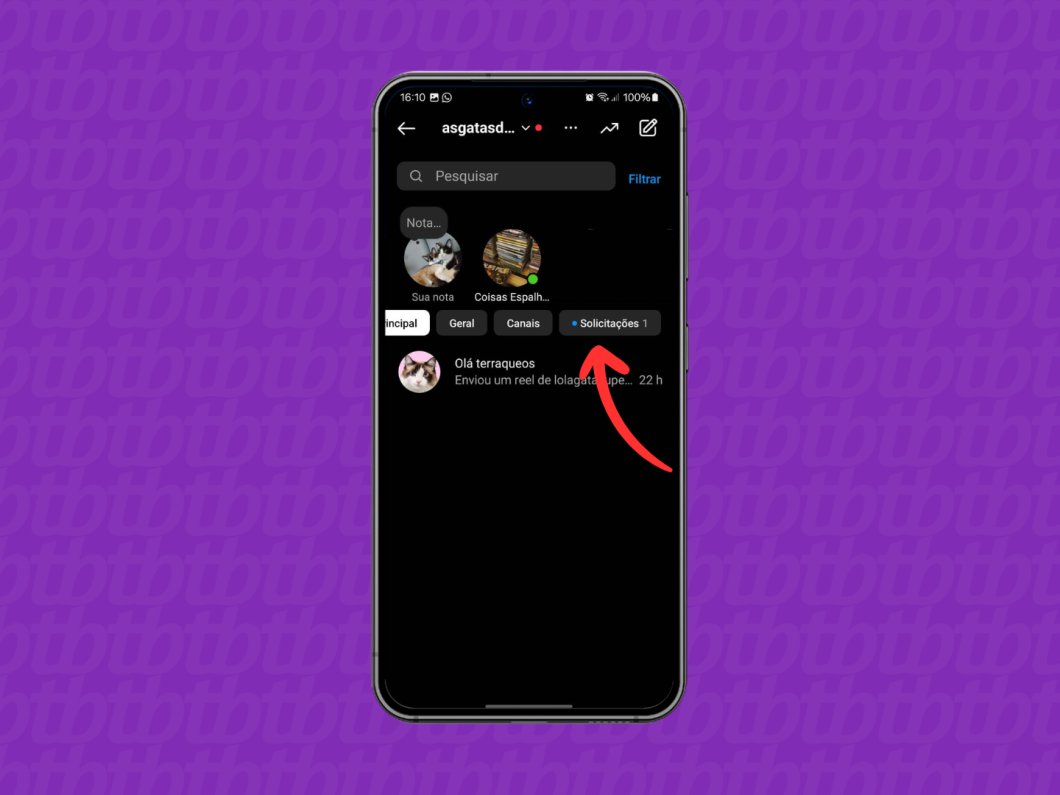 Captura de tela do aplicativo Instagram mostra como acessar as mensagens de solicitações de contato