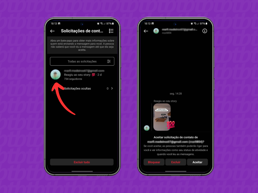Capturas de tela do aplicativo Instagram mostram como ver as mensagens de solicitações de contato