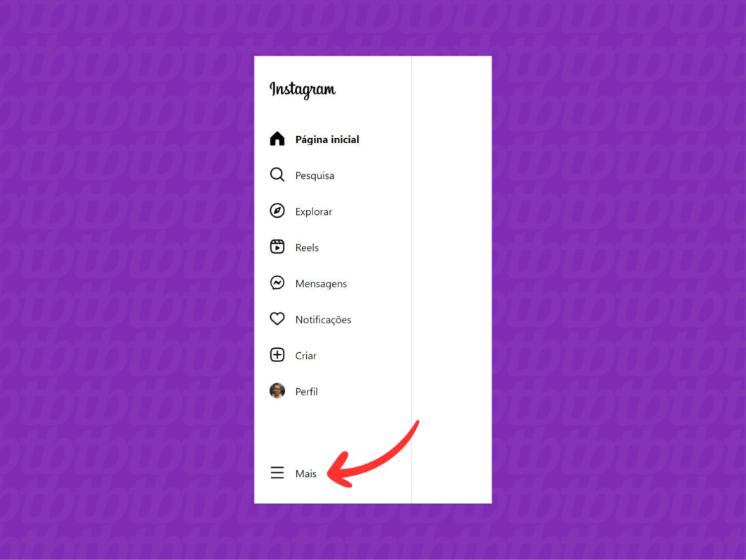 Print explicando como acessar o menu "Mais" do Instagram pelo navegador