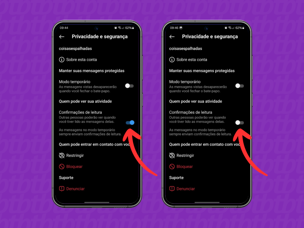 Capturas de tela do aplicativo Instagram mostram como desabilitar o recurso "Confirmações de Leitura" para Mensagem Direta (DM)