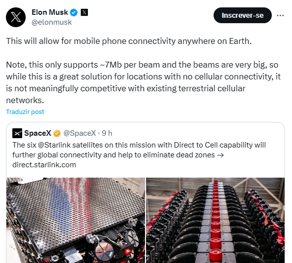 No X/Twitter, Elon Musk explica proposta do Direct to Cell (Imagem: Reprodução/X/Twitter)