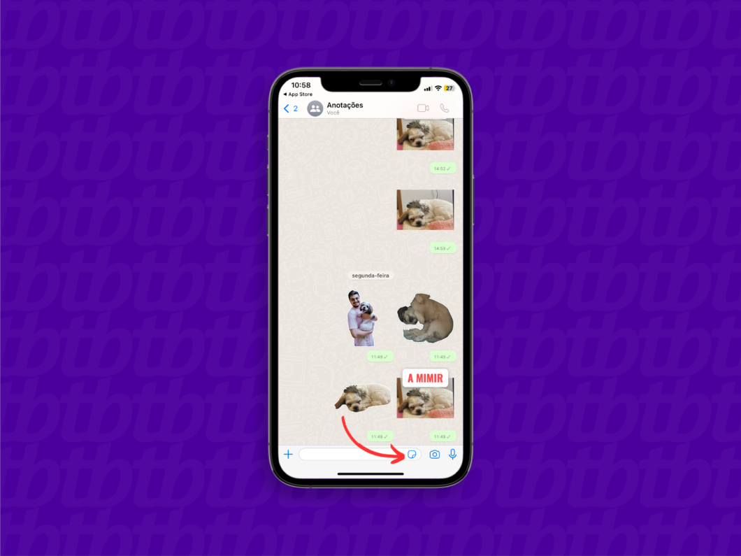 Captura de tela do aplicativo WhatsApp mostra como acessar a bandeja de figurinhas