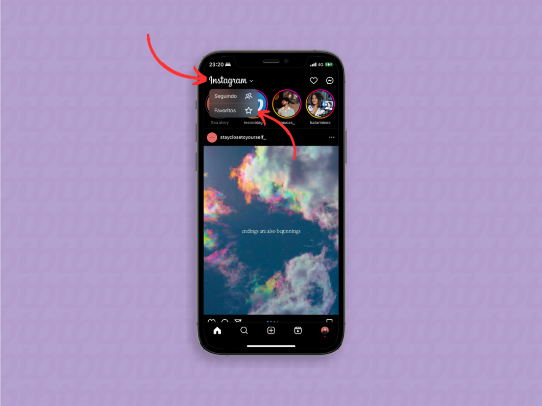 Feed de Favoritos do Instagram pode ser acessado a partir da logo da rede social, na tela inicial do app