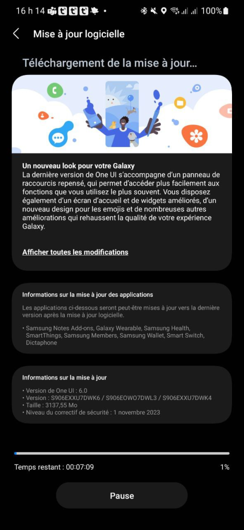 Galaxy S22+ recebe a atualização para a One UI 6. Juramos que é um Galaxy S22+ brasileiro, o texto está em francês porque o autor está treinando a língua (Imagem: Reprodução/Mathias Kroyzanovski)
