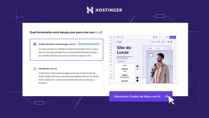 A ferramenta da Hostinger pode criar sites comuns ou baseados no WordPress usando IA (imagem: divulgação/Hostinger)