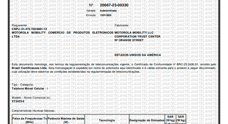 Motorola Moto G24, modelo XT2423-6, foi certificado pela Anatel (Imagem: Reprodução/Tecnoblog)