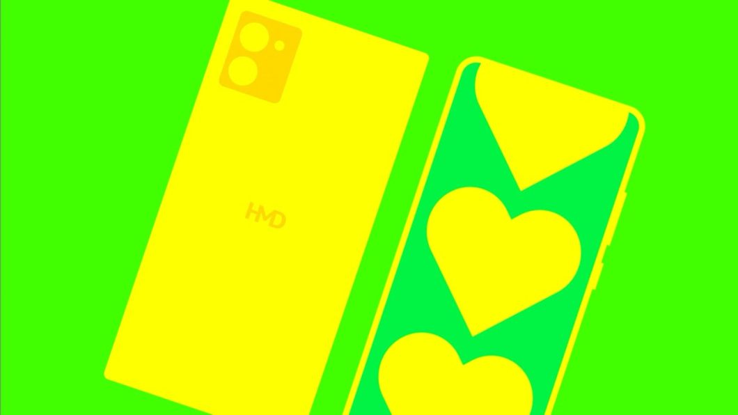 Ilustração de smartphone com a marca HMD na traseira e corações na frente