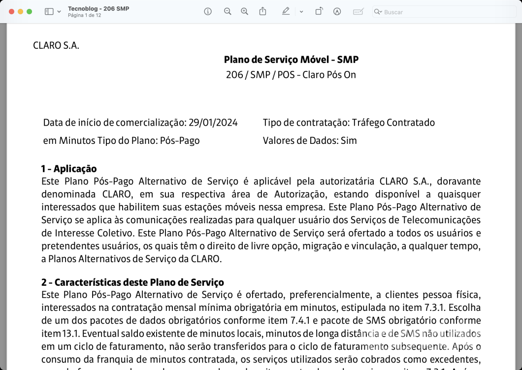 Imagem do documento "Plano de Serviço Móvel - SMP", com detalhe sobre o produto. Ele traz os dizeres legais.