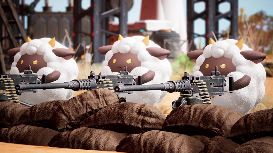 Imagem do jogo Palworld. Três criaturas parecidas com ovelhas atiram usando metralhadoras.