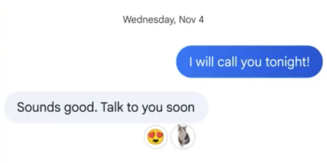 Imagem de troca de mensagens. Uma delas têm duas reações: um emoji com corações no olhos e um gato