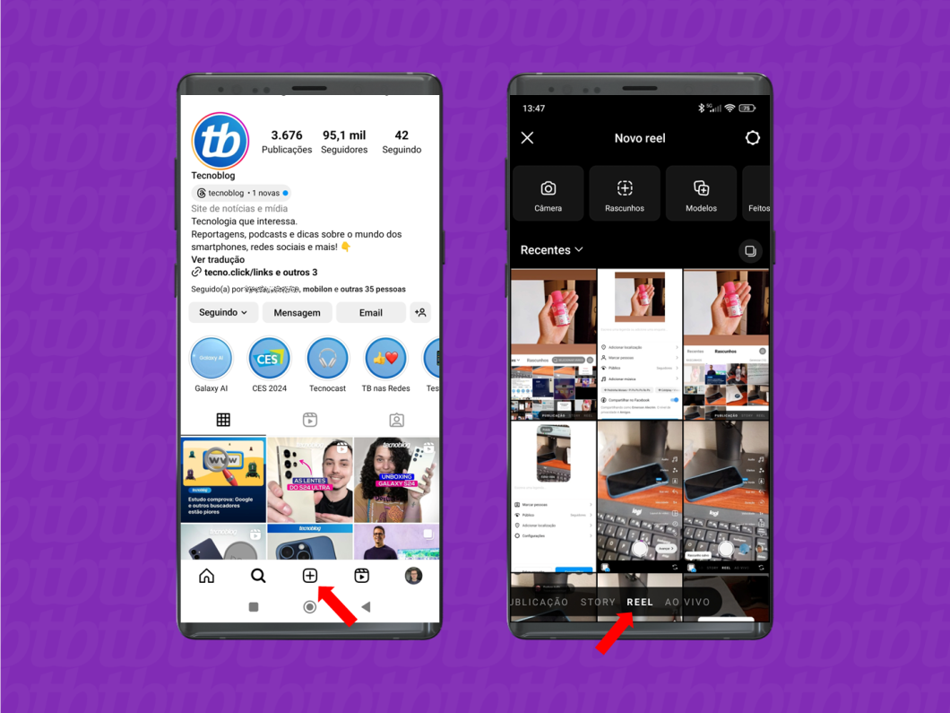Toque no botão de postagem e escolha a opção "Reel" (imagem: Emerson Alecrim/Tecnoblog)
