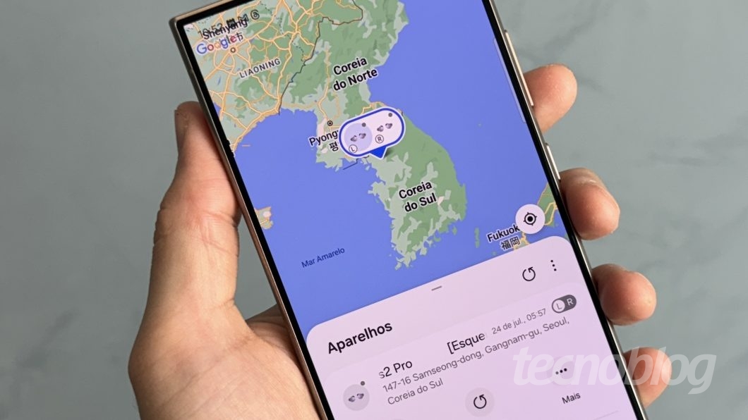 Tela do Samsung Find com mapa da Coreia do Sul