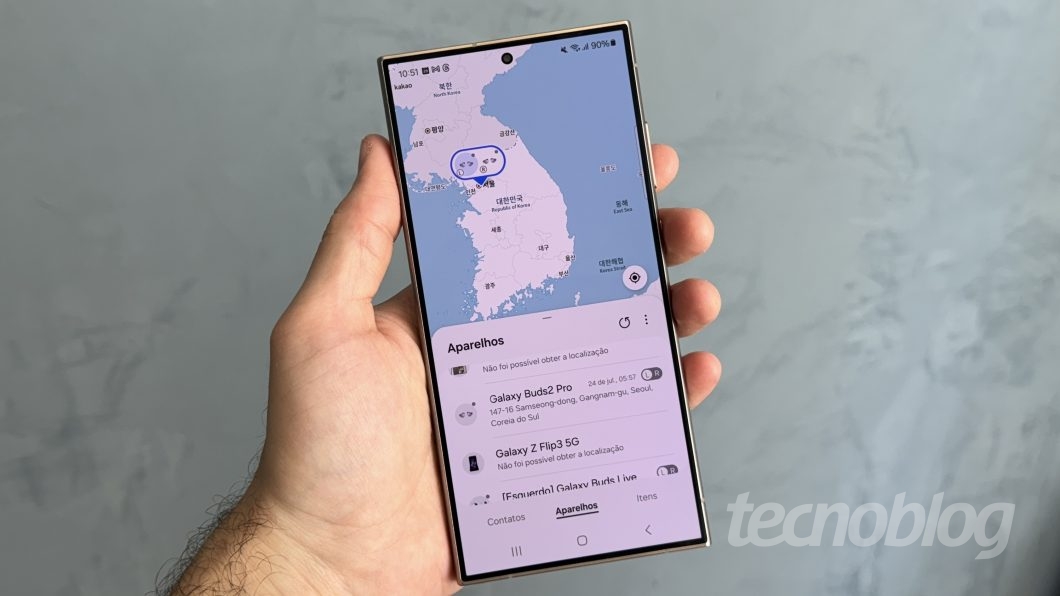 Tela do Samsung Find com mapa da Coreia do Sul