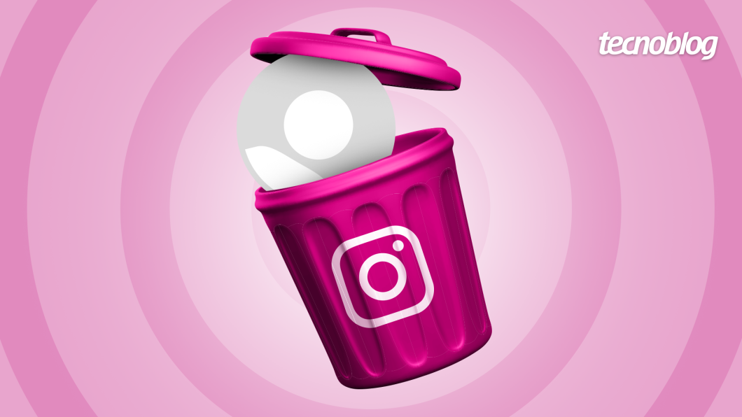 Ilustração de um lixo com o símbolo do Instagram em tons de rosa