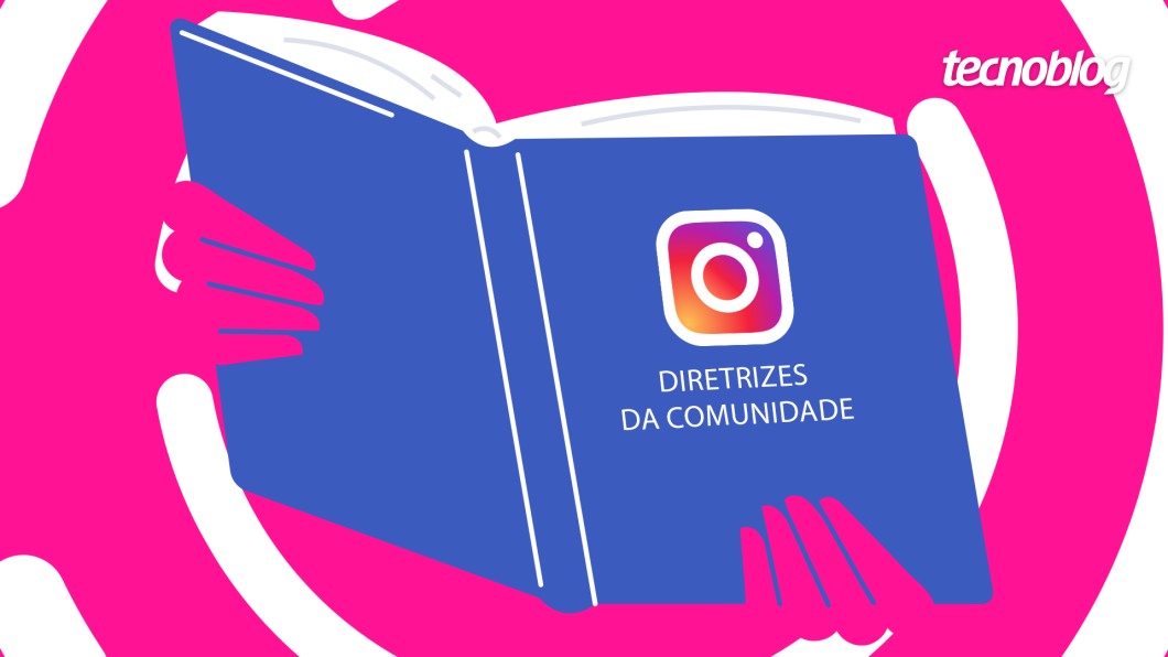 Ilustração mostra um livro em azul com a capa "Diretrizes da Comunidade" e o símbolo do Instagram