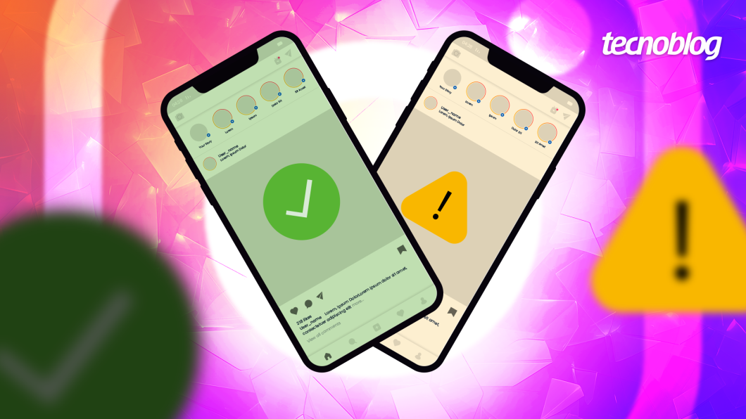 Ilustração mostra dois telefones com a imagem do app do Instagram, um deles apresenta um ícone verde com a marca de check e o segundo tem um ícone amarelo de atenção.