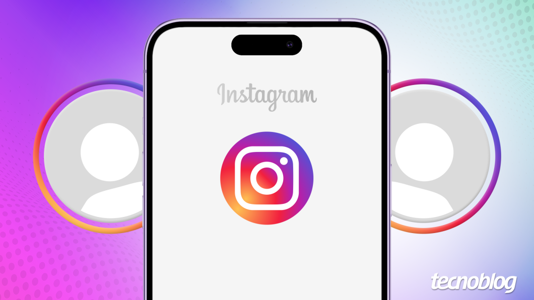 Ilustração traz a imagem de um celular ao centro com o símbolo do Instagram e dois ícones de usuários do Instagram ao lado