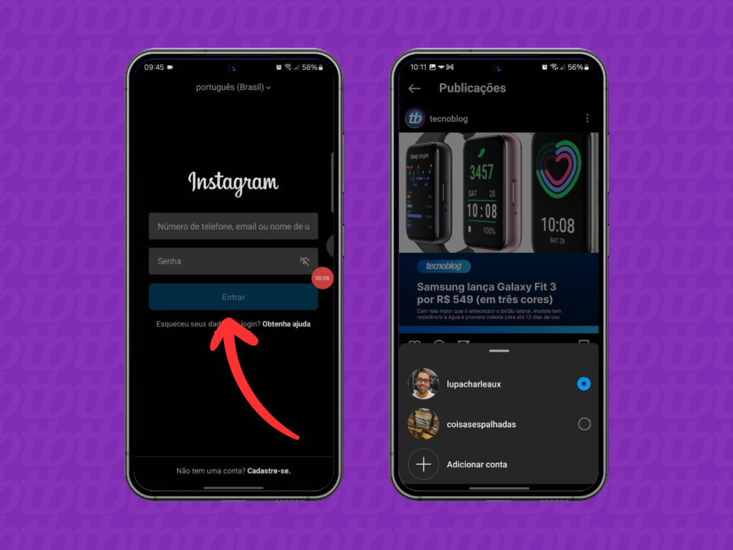 Capturas de tela do aplicativo Instagram mostram como fazer login em uma nova conta no celular