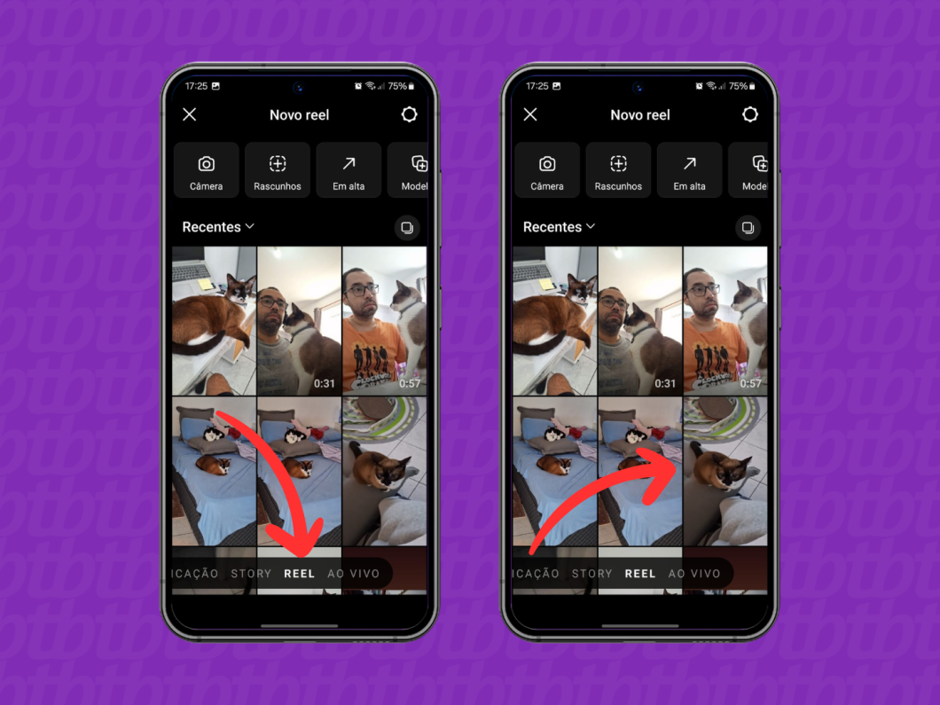 Capturas de tela do aplicativo Instagram mostram como iniciar a publicação de um novo reel