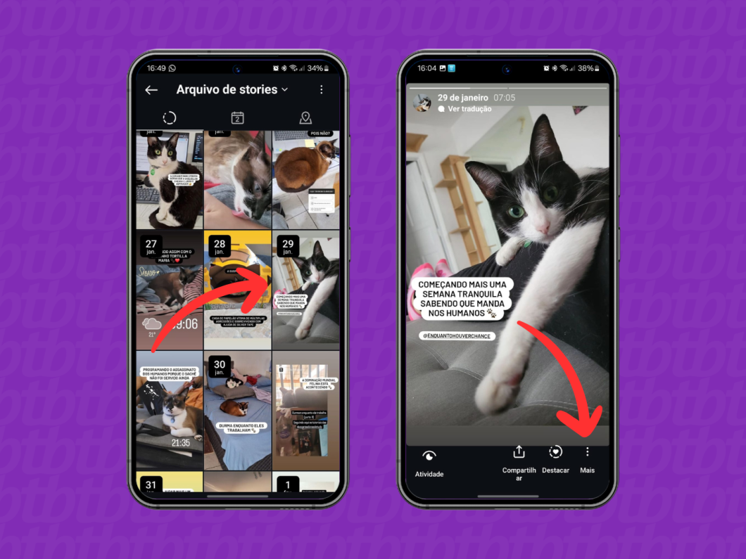 Capturas de tela do aplicativo Instagram mostram como acessar as opções dos Stories Arquivados