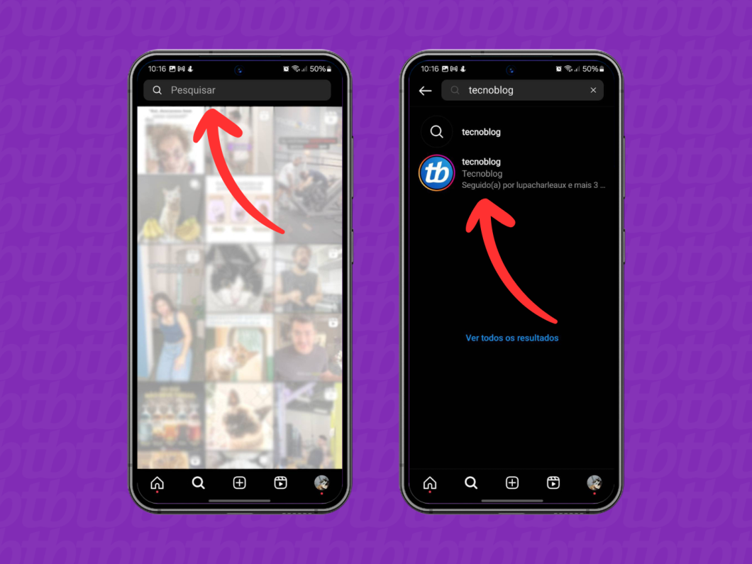 Capturas de tela do aplicativo Instagram mostram como pesquisar um perfil