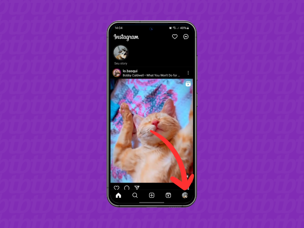 Captura de tela do aplicativo do Instagram usa seta para indicar como acessar o perfil do usuário na rede social
