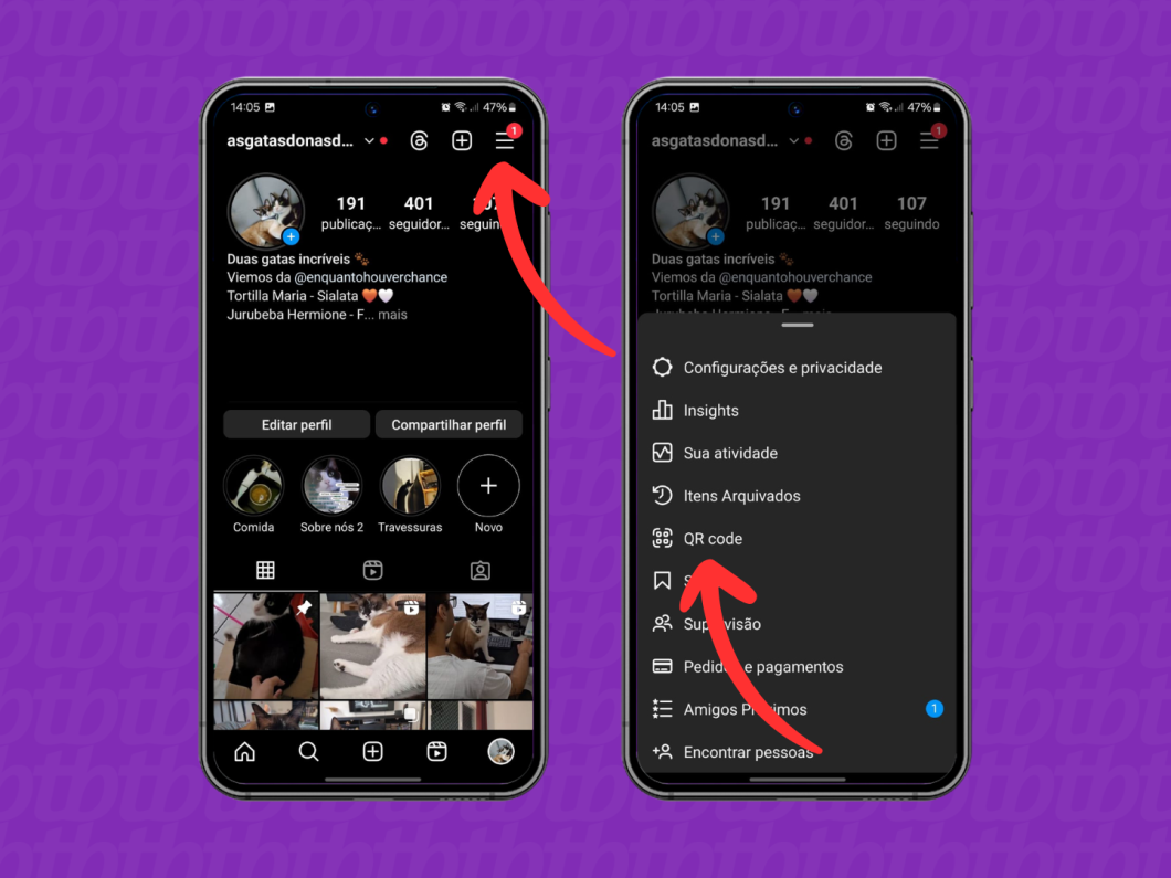 Capturas de tela do aplicativo do Instagram usam setas para indicar como acessar a opção QR code
