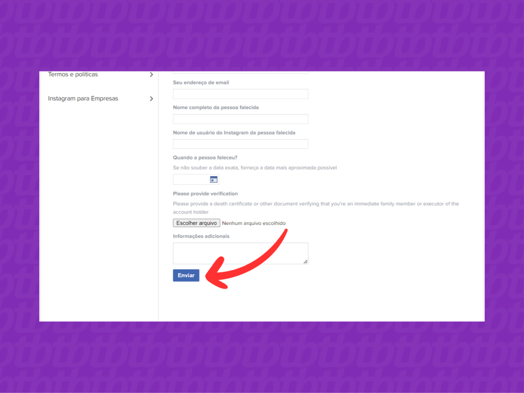 Captura de tela da página de suporte do Instagram para solicitar remover um perfil de uma pessoa falecida usa seta para indicar onde enviar a solicitação