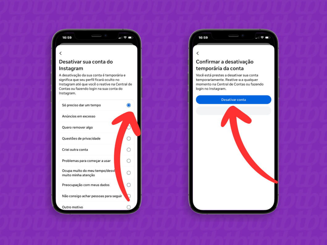 Finalizando a desativação temporária do Instagram no app: tela de confirmar a desativação com o botão “Desativar conta”