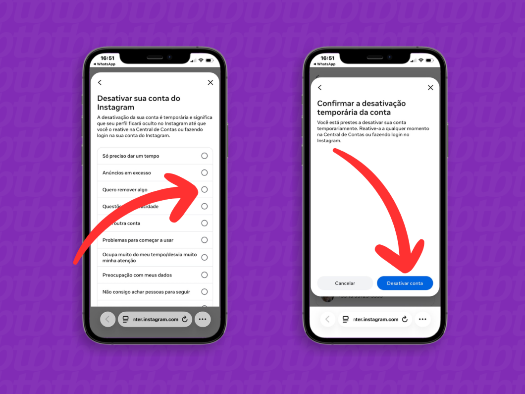 Concluindo a desativação do Instagram pelo link direto para a Central de Contas da Meta, com a opção “Desativar conta” destacada