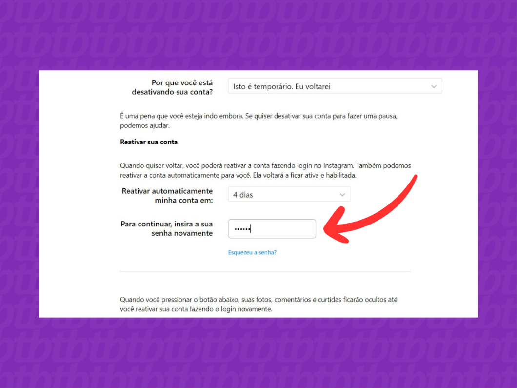 Print do navegador mostrando como inserir a senha para desativar temporariamente o Instagram