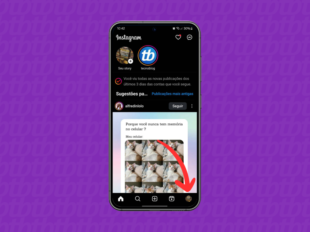 Captura de tela do aplicativo Instagram mostra como acessar o perfil na página inicial