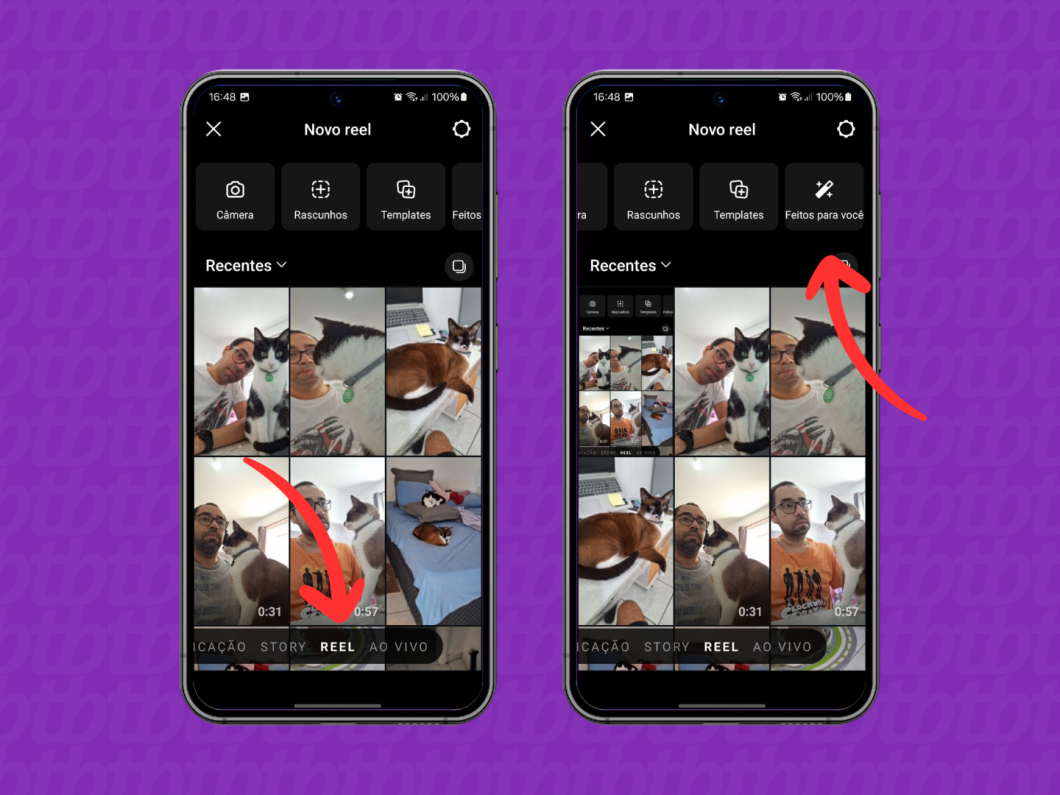 Capturas de tela do aplicativo Instagram mostram como acessar a opção "Feitos para você" no Reels