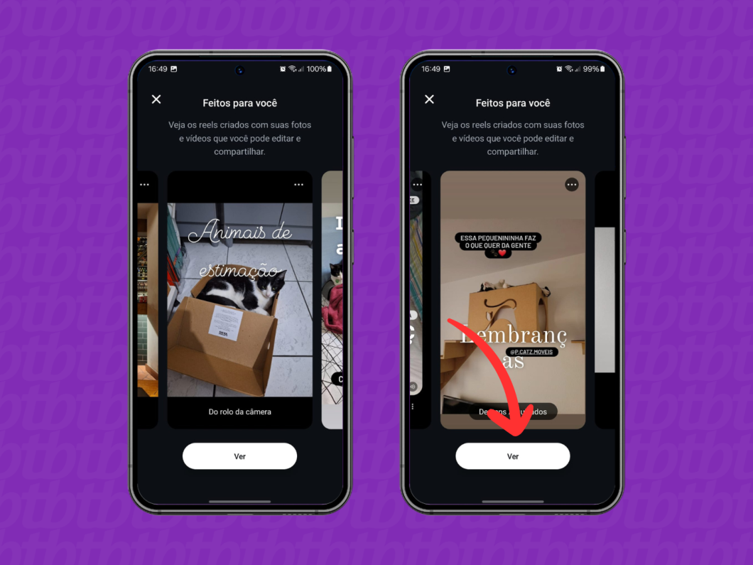 Capturas de tela do aplicativo Instagram mostram como escolher um reel criado automaticamente pela opção "Feitos para você" do Reels