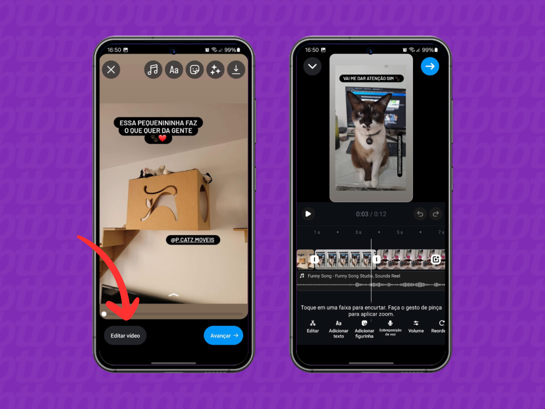 Capturas de tela do aplicativo Instagram mostram como editar um reel