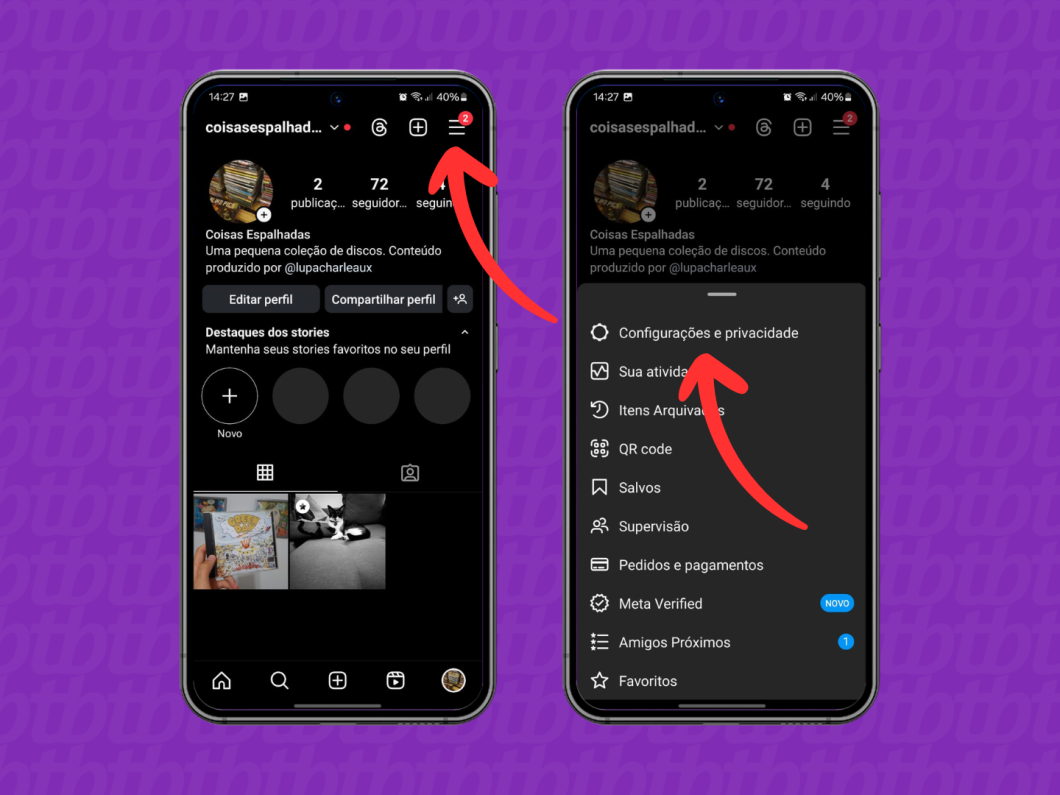 Capturas de tela do aplicativo do Instagram mostram como acessar a opção "Configurações e privacidade"