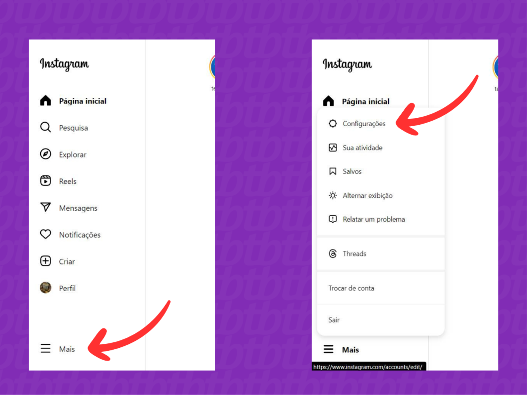 Capturas de tela do navegador mostram como acessar as Configurações do Instagram
