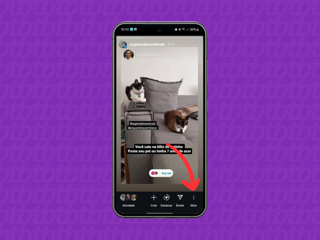 Captura de tela do aplicativo Instagram mostra como acessar as opções de um story ativo