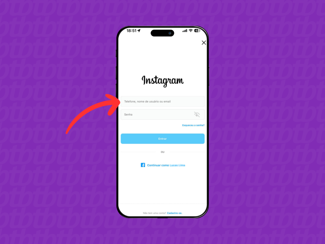 Captura de tela do aplicativo Instagram usa uma seta vermelha para indicar onde inserir o nome de usuário ou e-mail