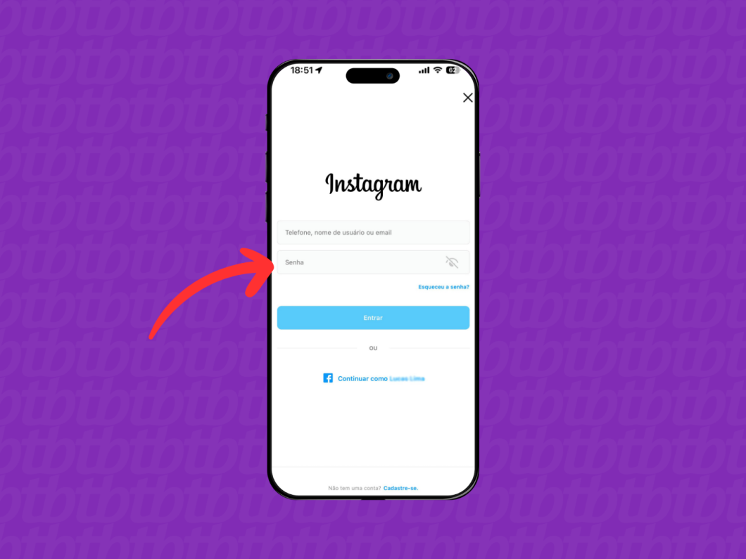 Captura de tela do aplicativo Instagram usa uma seta vermelha para indicar onde inserir a senha
